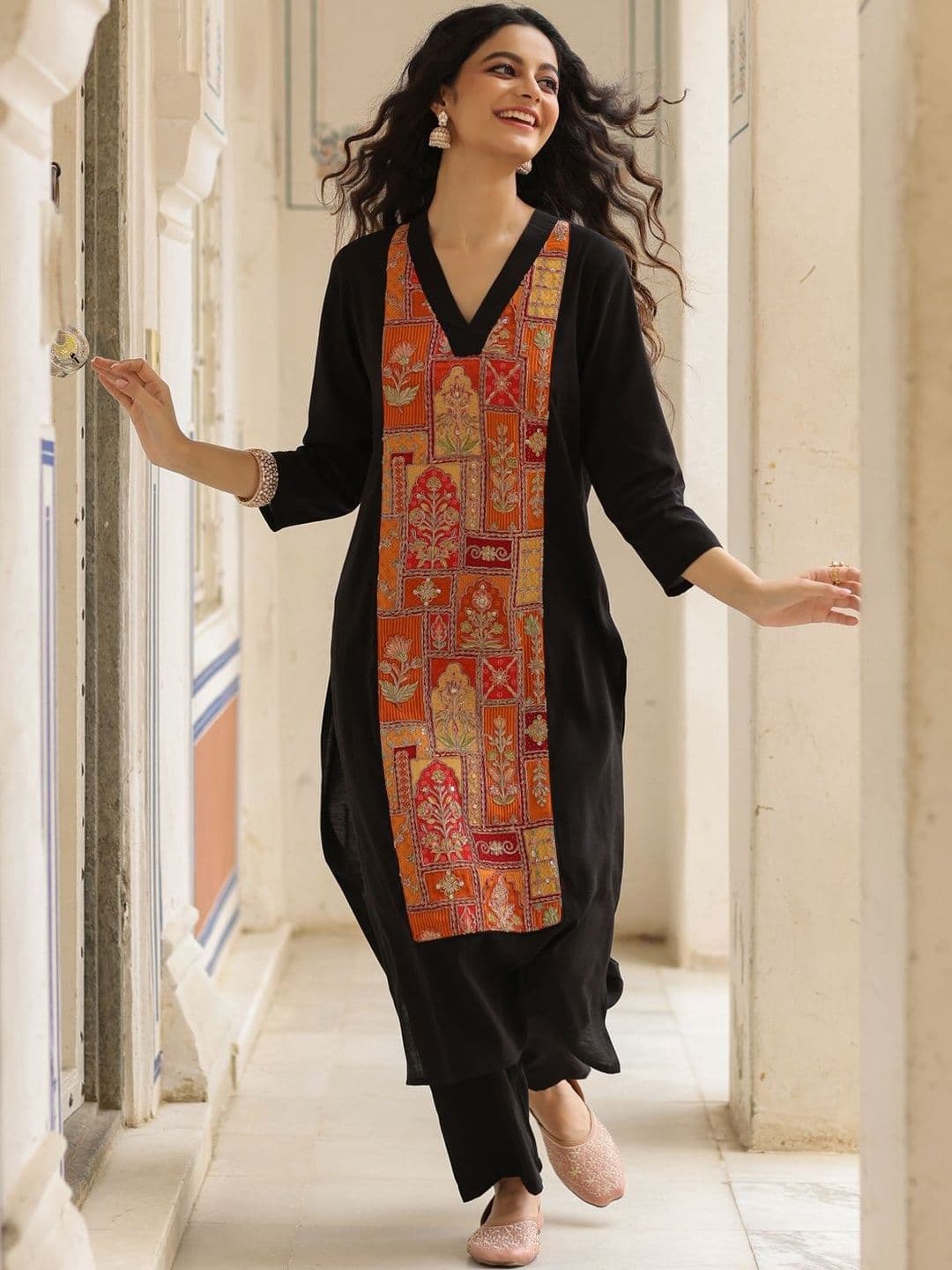 anayna Women Ethnic Motifs Printed Regular Thread Work Kurta with Trousers - view 1