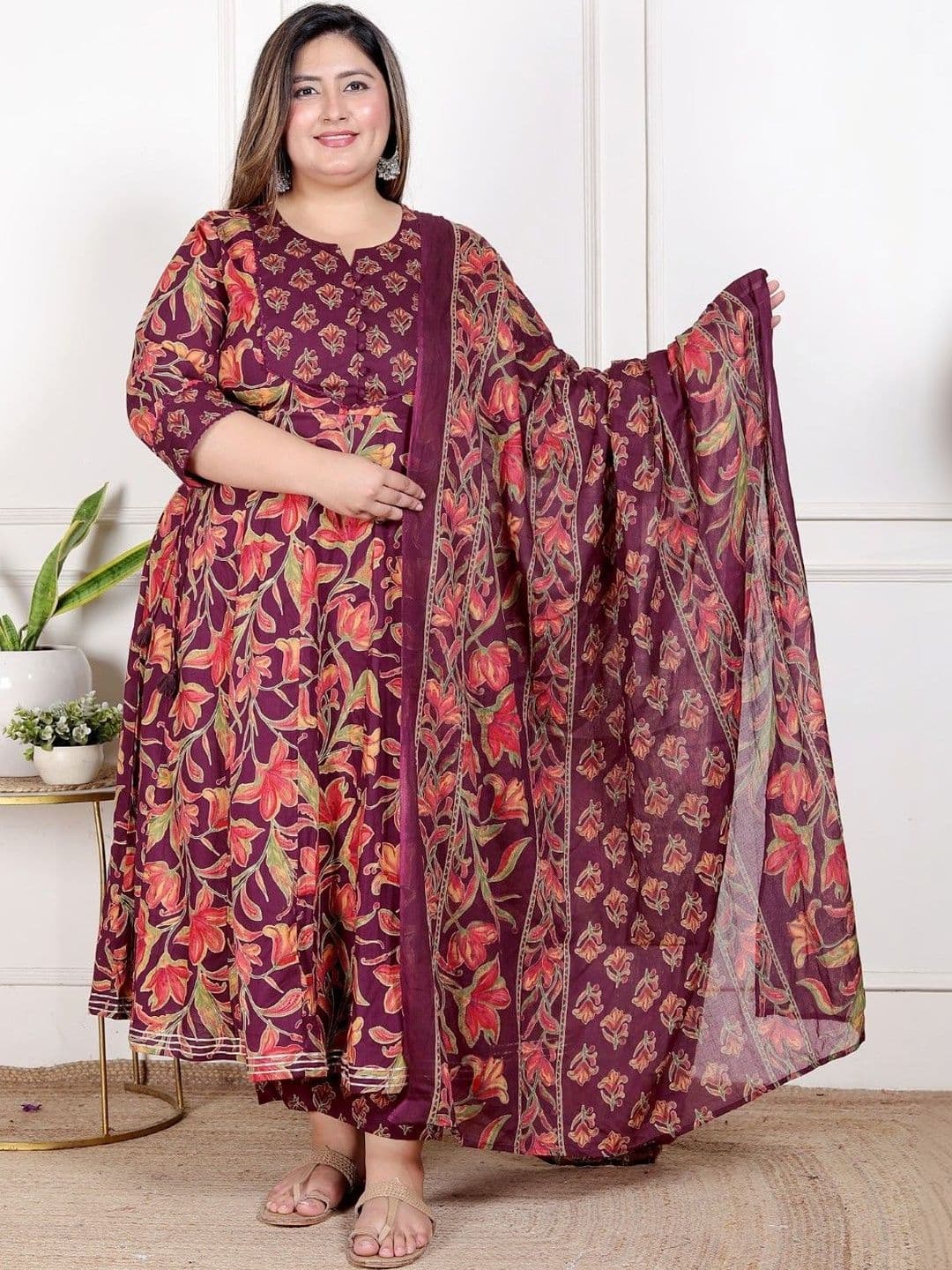 KALINI Women Floral Printed Tiered Pure Cotton Kurta with Pyjamas & With Dupatta - view 1