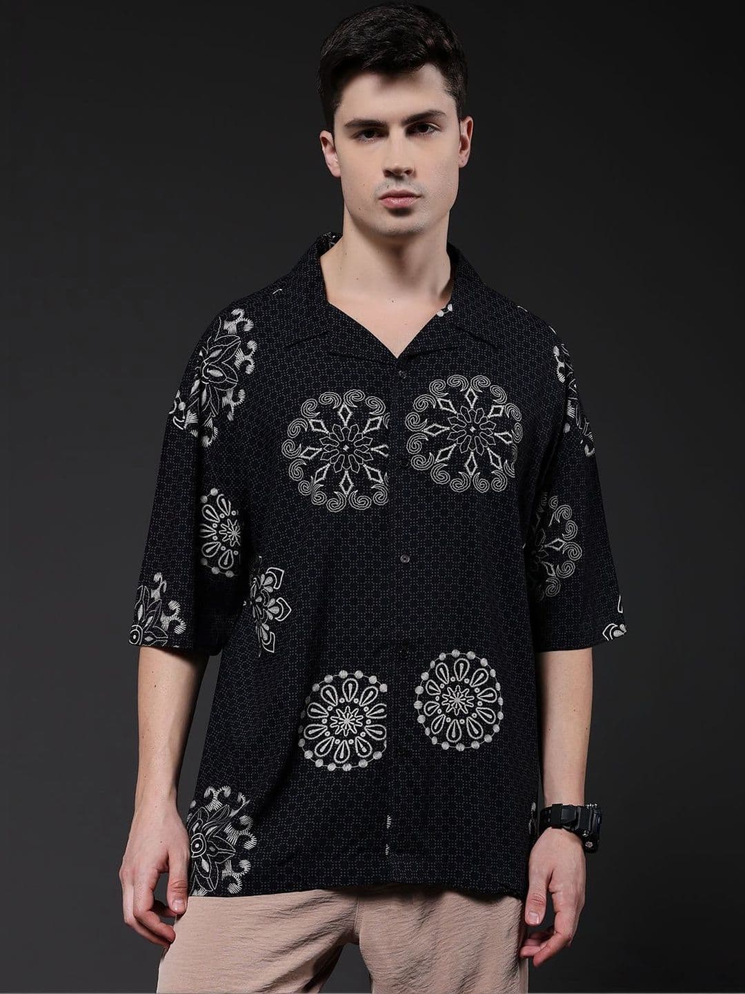 PRONK Men's Black Oversized Abstract Print Cuban Collar Half Sleeve Casual Shirt - view 1