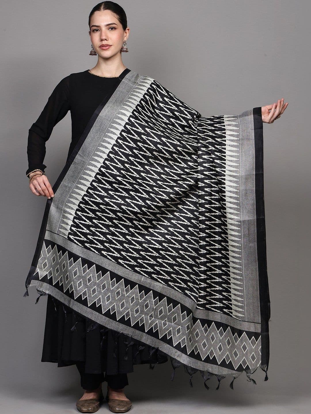 Exotic India Art Silk Dupatta with Printed Zig-Zag Pattern and Temple Border - view 1