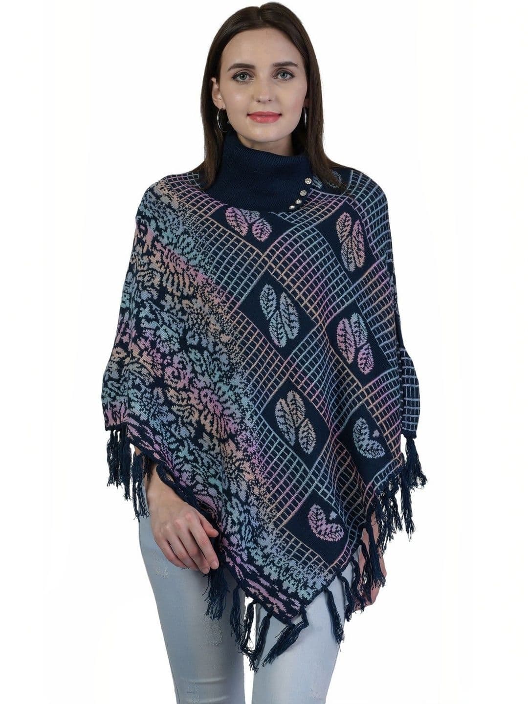 eKools Unisex Printed Woollen Poncho with Fringed Detail
