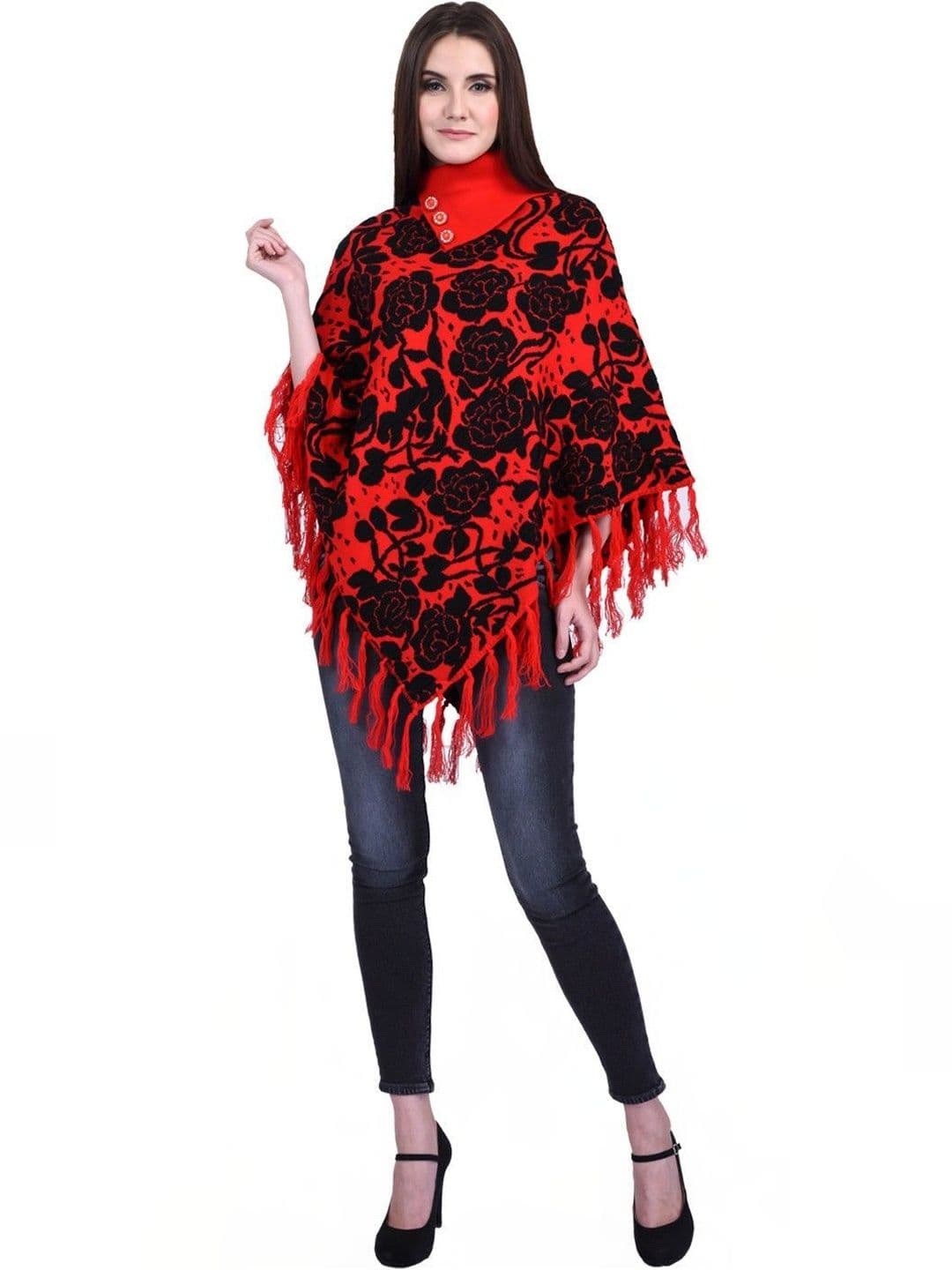 eKools Unisex Floral Printed Woollen Poncho with Fringed Detail