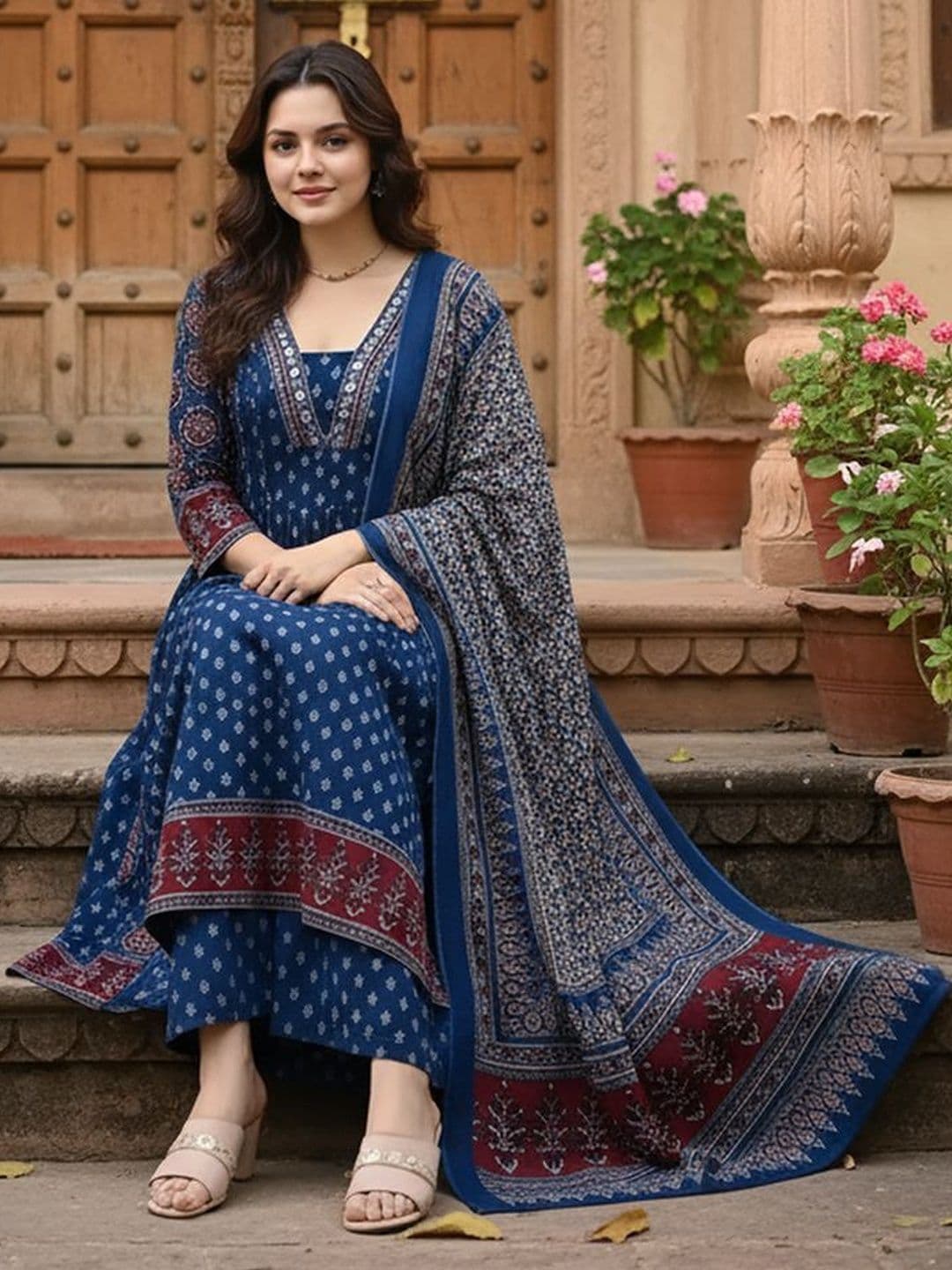 GoSriKi Women Ethnic Motifs Printed Regular Kurta with Trousers & With Dupatta - view 1