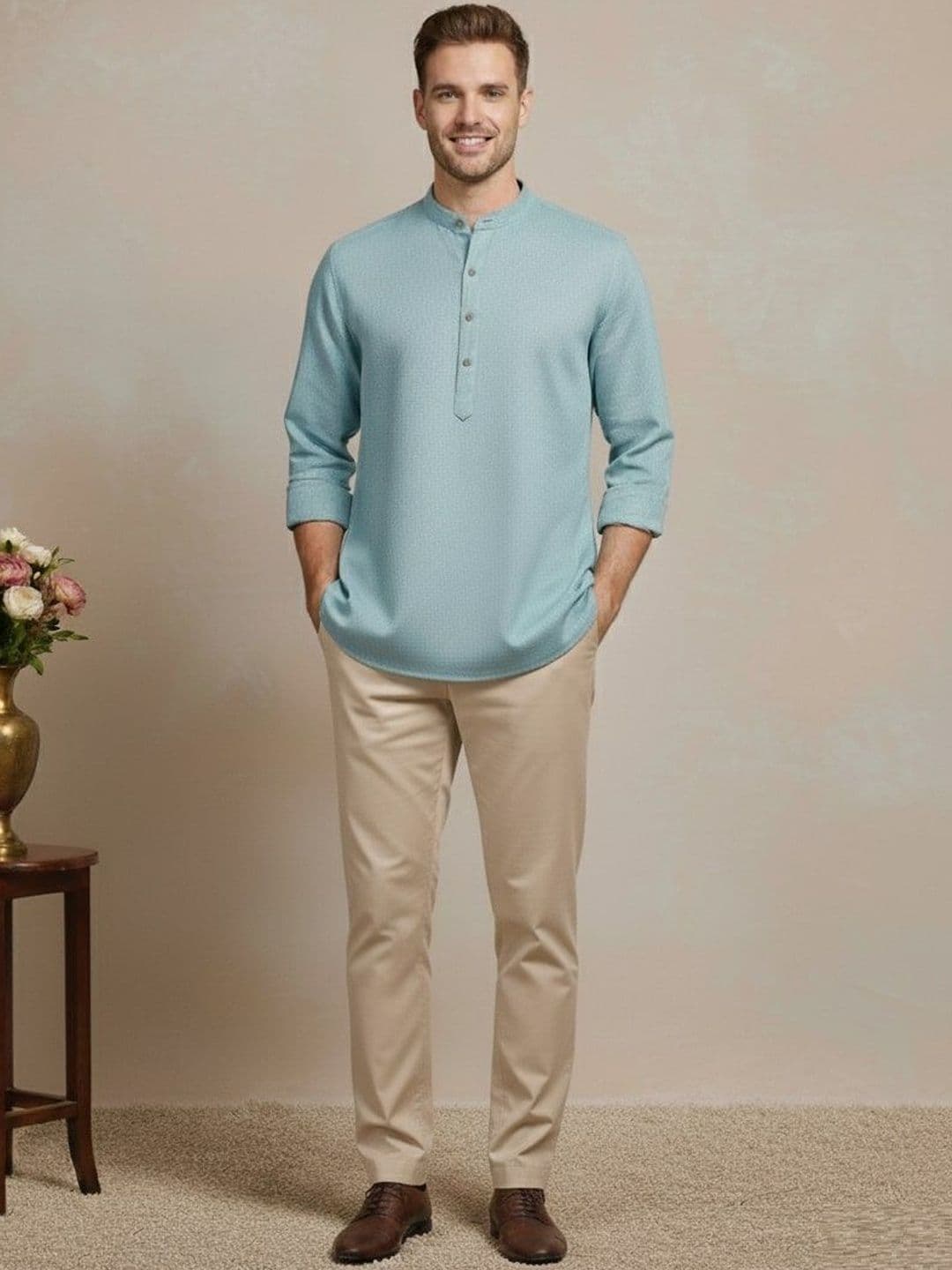 House of Pataudi Textured Cotton Straight Kurta - view 1