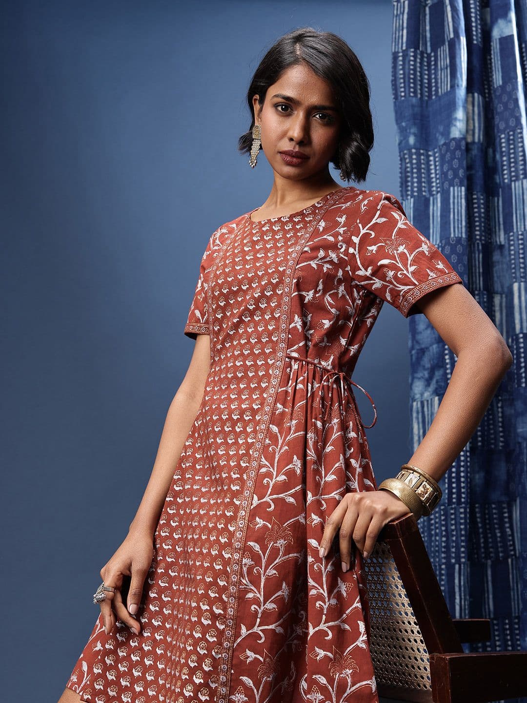 Taavi Indie Florals Printed A-Line Gold Khari Ethnic Dress - view 1