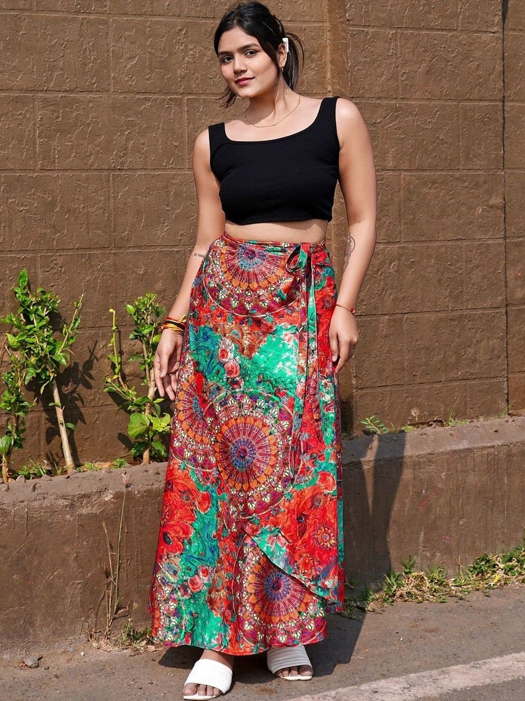 TENNECY Free Size Floral Printed Woven Long Wrap Around Maxi Skirt - view 1