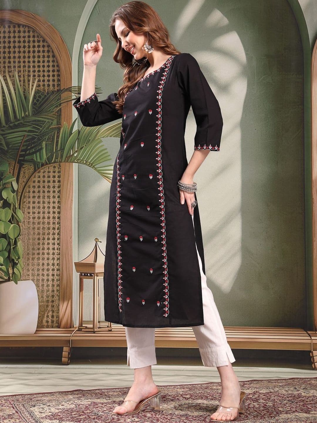 Sangria Embroidered Pure Cotton Round Neck Calf Length Straight Kurta - view 1