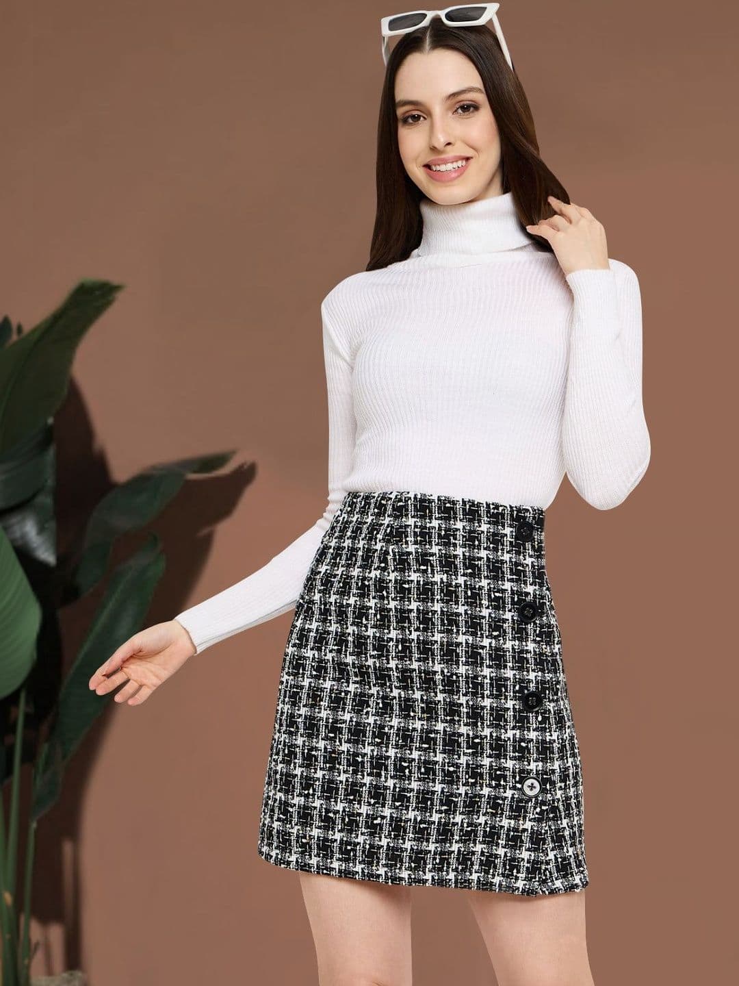 Martini Checked Woolen Mini Straight Skirt - view 1