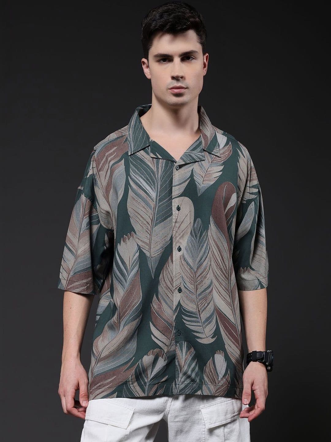 PRONK Men's Leaf Print Oversized Cuban Collar Half Sleeve Casual Shirt - view 1
