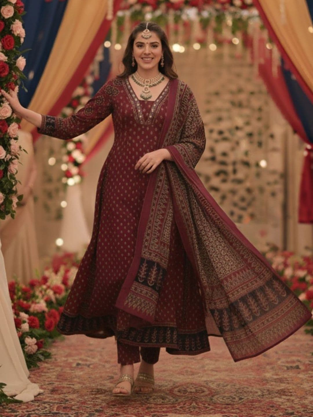GoSriKi Women Ethnic Motifs Printed Panelled Kurta with Trousers & With Dupatta - view 1