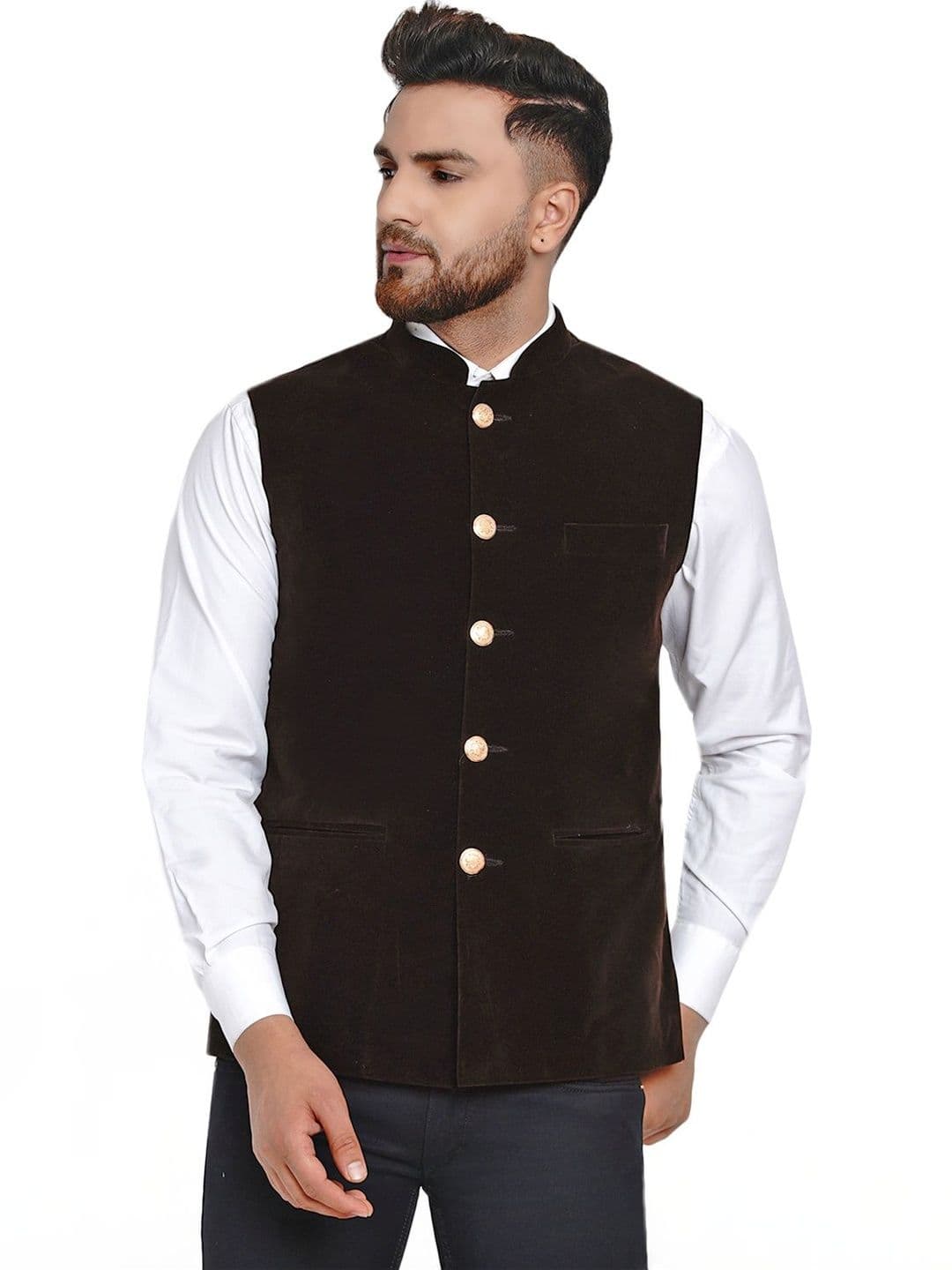VEERA PARIDHAAN Men Mandarin Collar Velvet Nehru Jacket - view 1