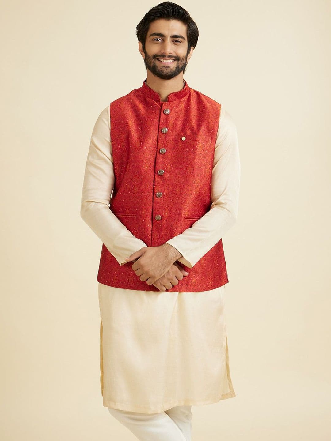 Manyavar Woven Design Mandarin Collar Nehru Jacket - view 1