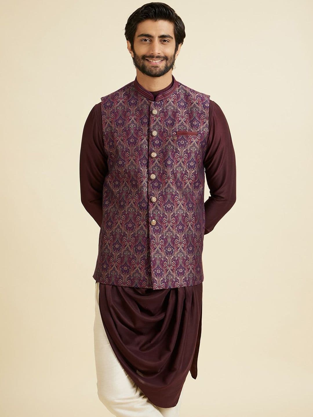 Manyavar Woven Design Mandarin Collar Nehru Jacket - view 1