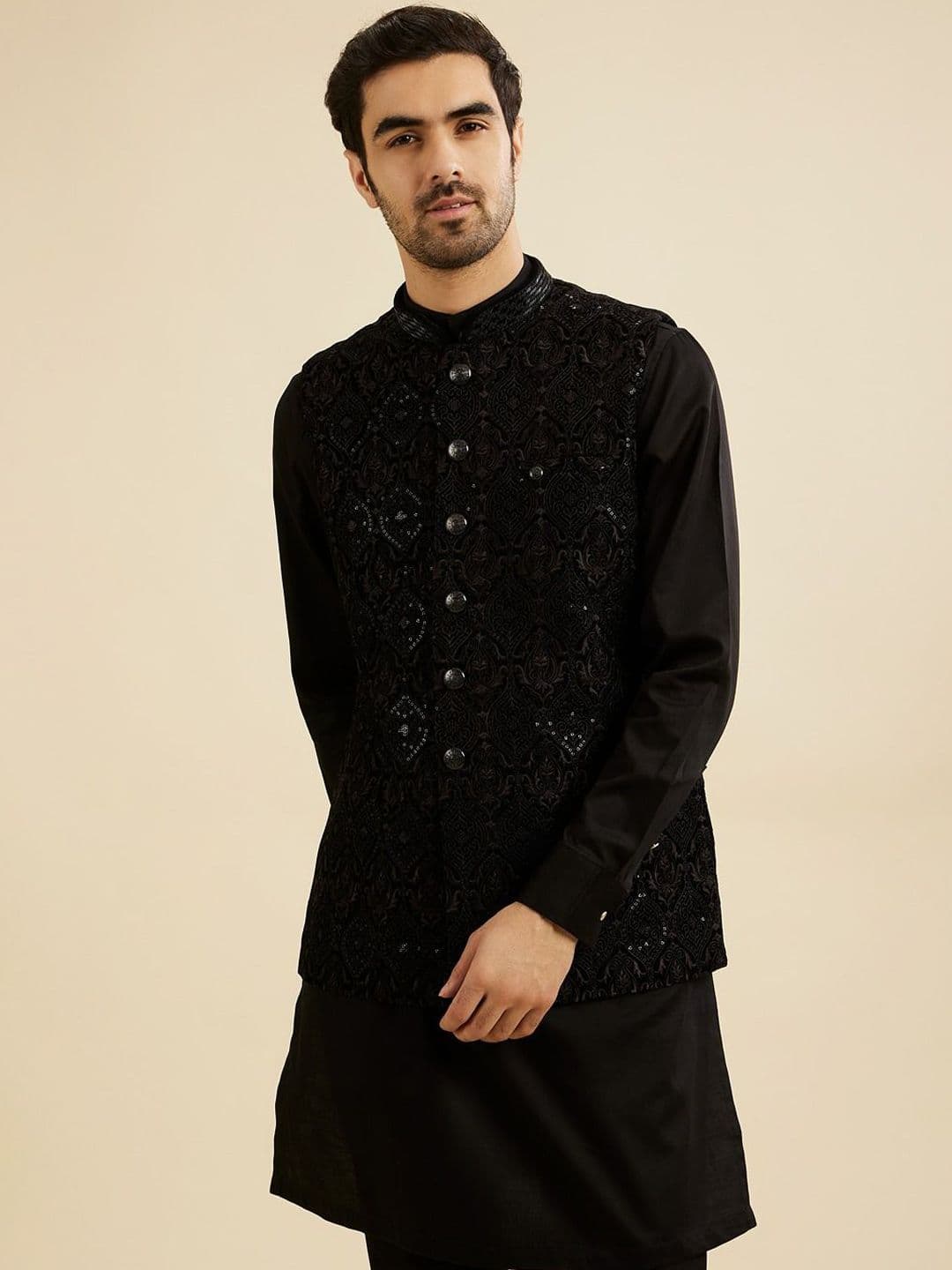 Manyavar Men Embroidered Woven Nehru Jacket - view 1