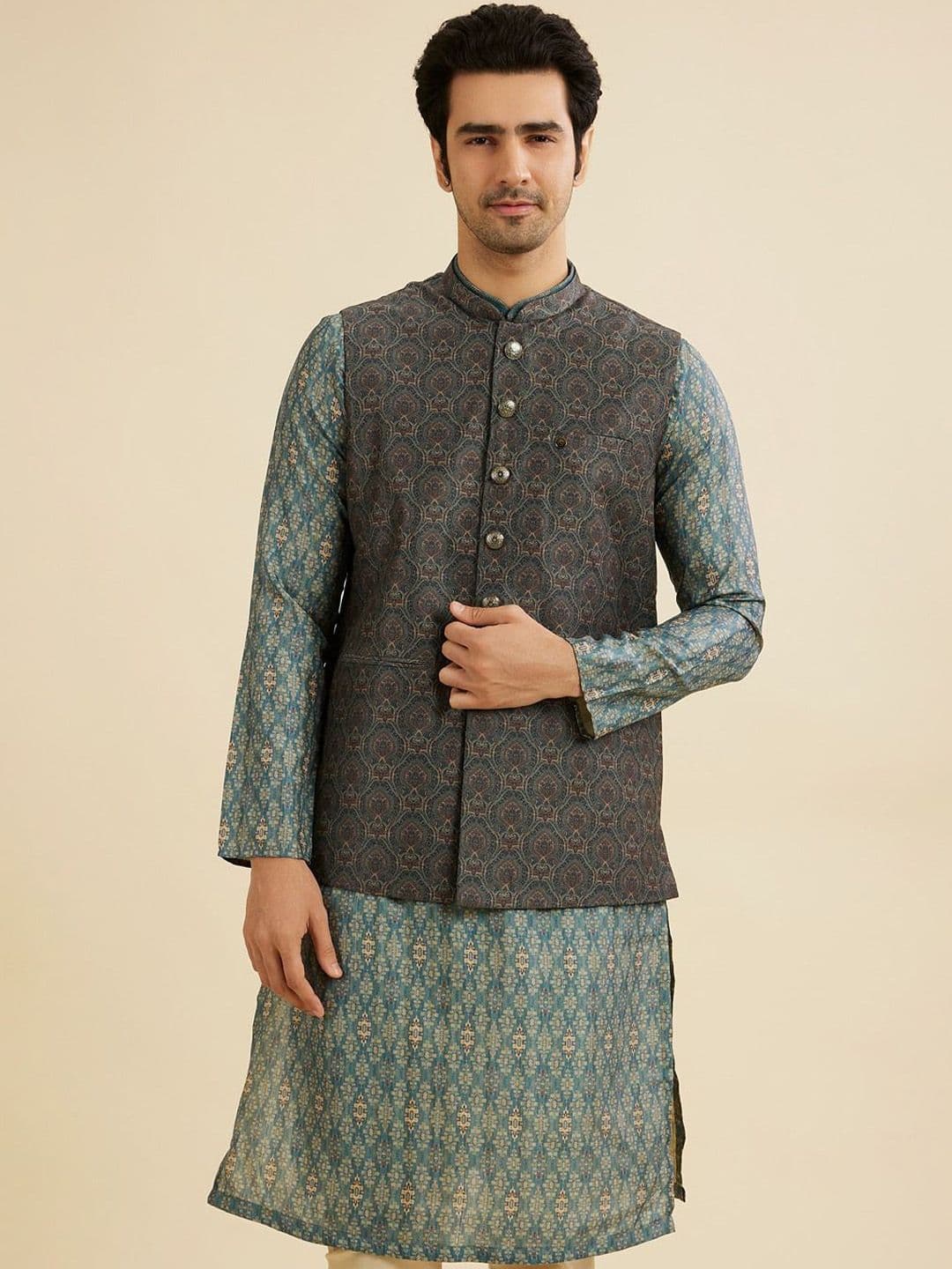 Manyavar Woven Design Mandarin Collar Nehru Jackets - view 1