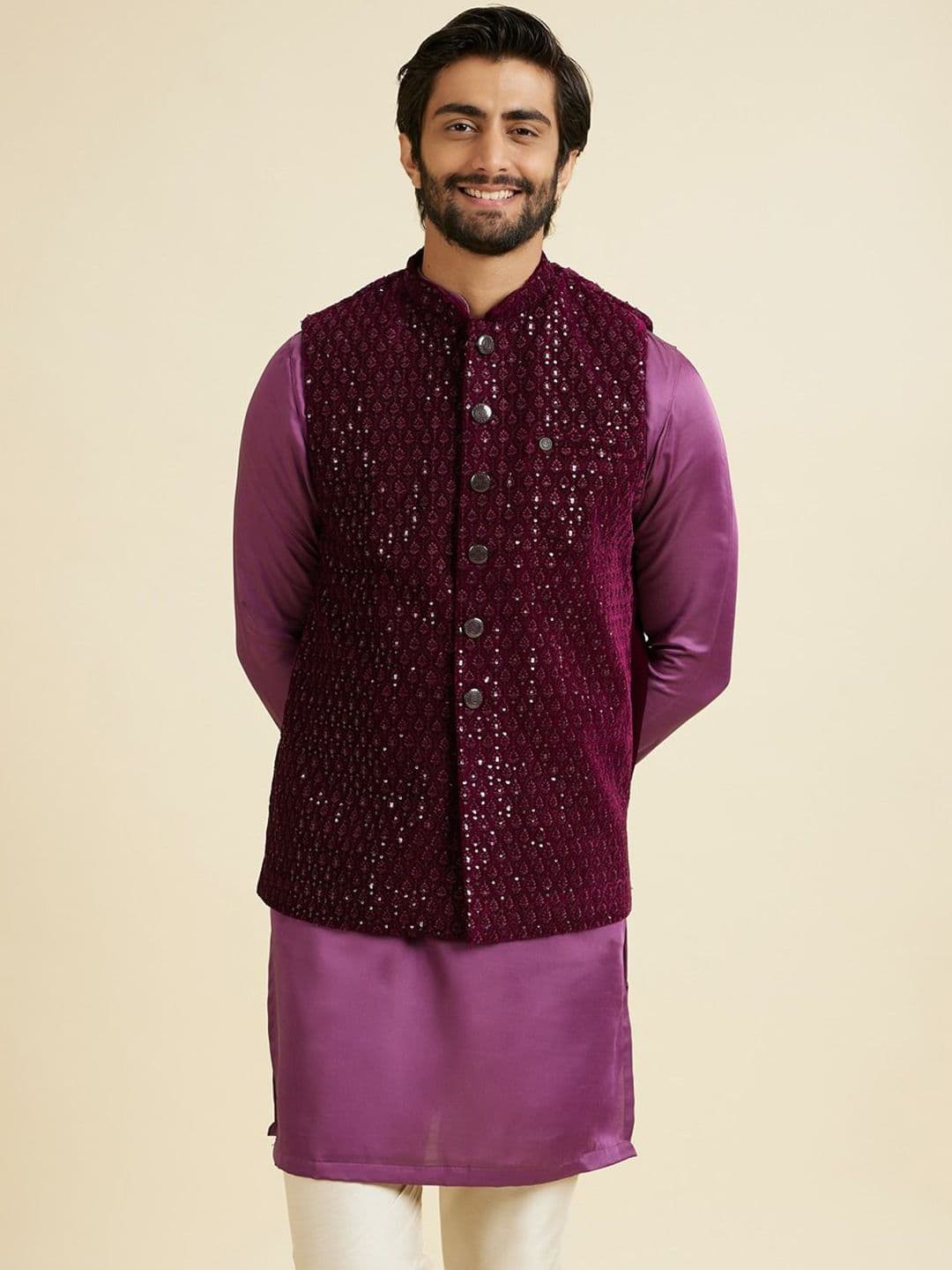 Manyavar Embroidered Velvet Mandarin Collar Nehru Jacket - view 1