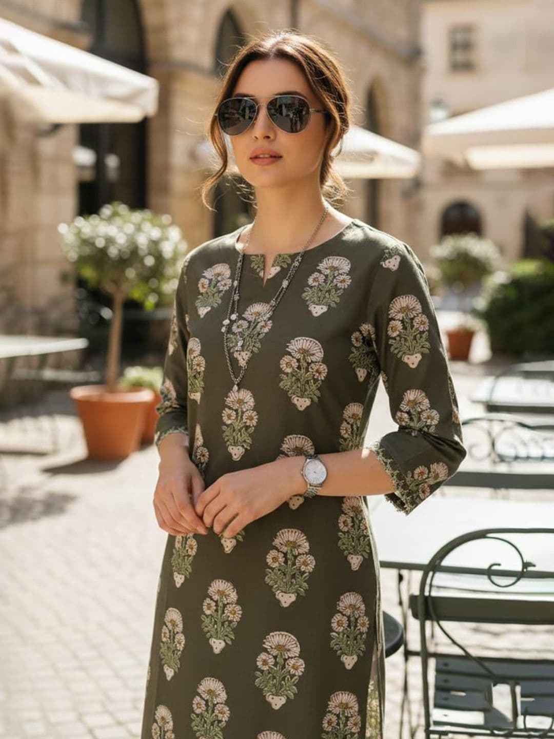 Rimeline Floral Screen Printed Notch Neck Pure Cotton Straight Kurta - view 1