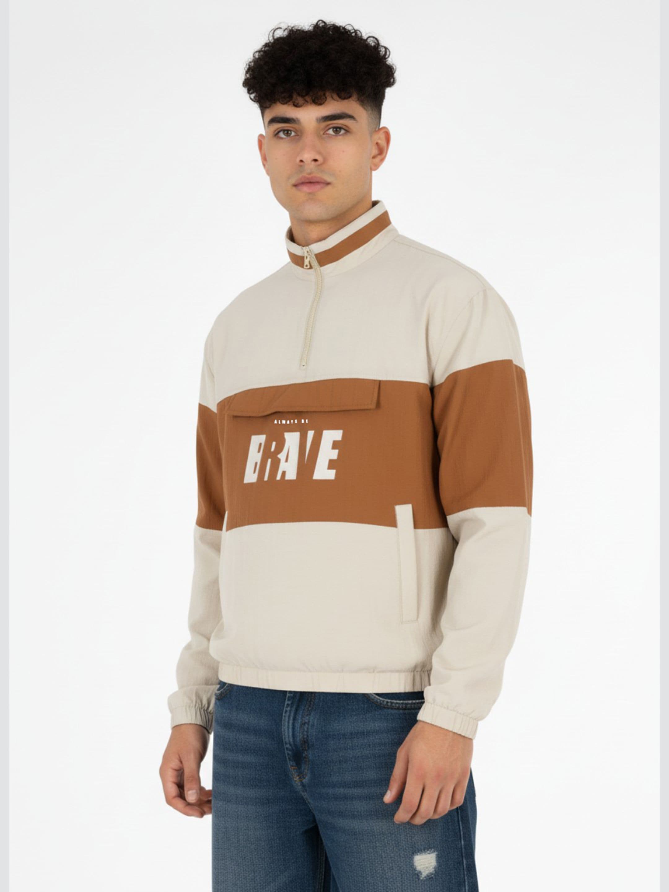 glitchez Colorblocked Typography Print Half Zipper Windcheater Jacket