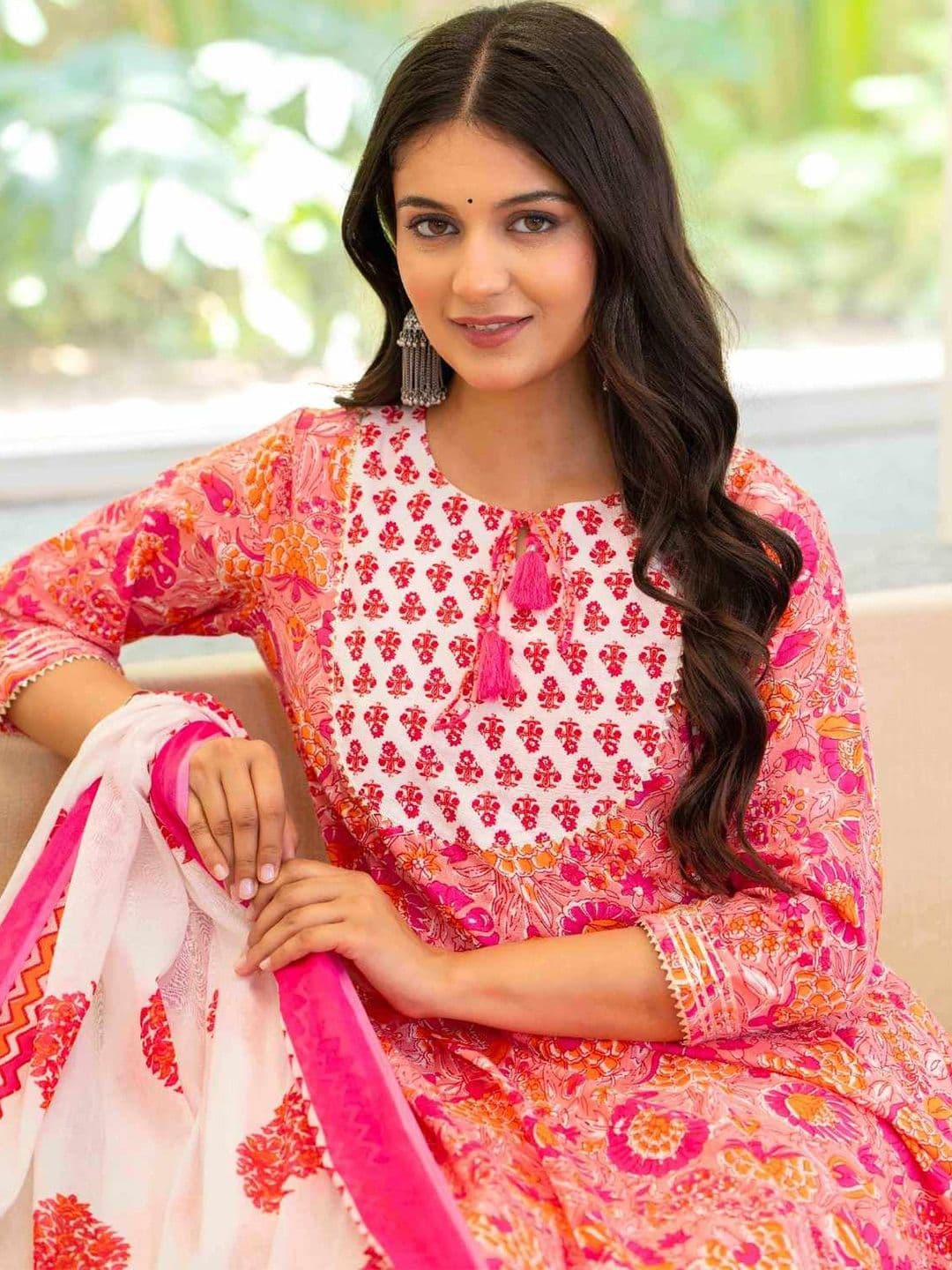 Pistaa Women Floral Printed Pure Cotton Anarkali Kurta with Trousers & With Dupatta - view 1
