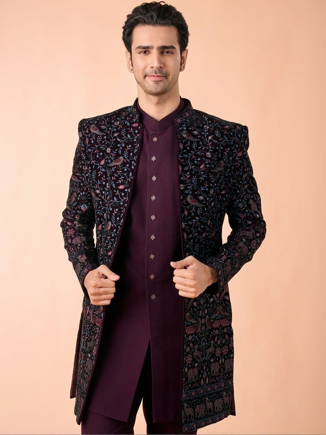 Manyavar Men Embroidered Mandarin Collar Indo Western Sherwani Set