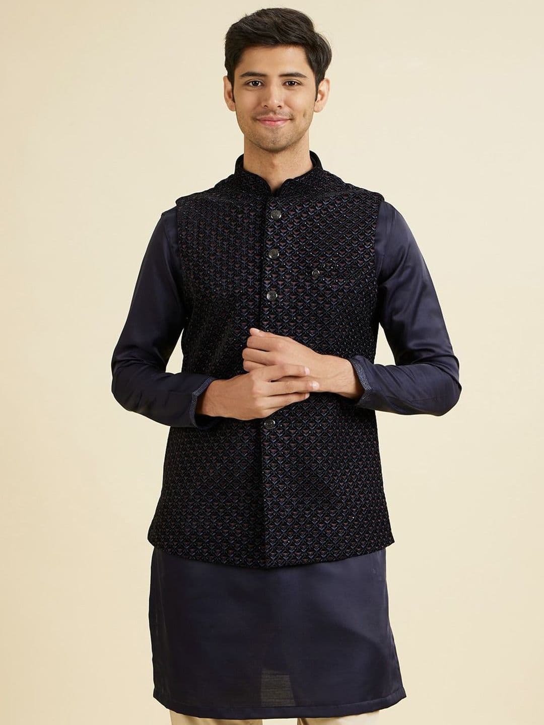Manyavar Embroidered Velvet Mandarin Collar Nehru Jacket - view 1