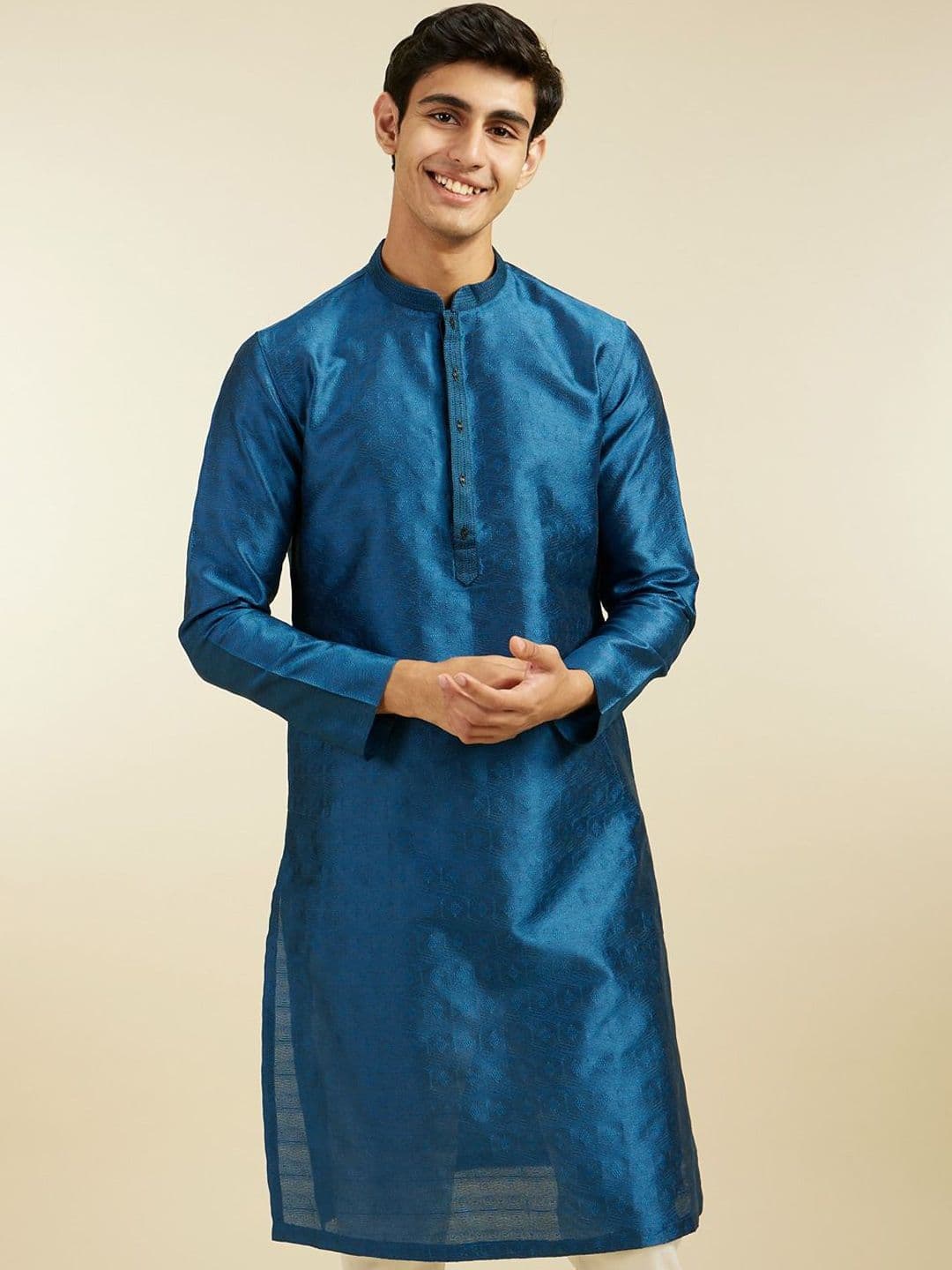 Diwas by Manyavar Geometric Woven Design Thread Work Art Silk Straight Kurta - view 1