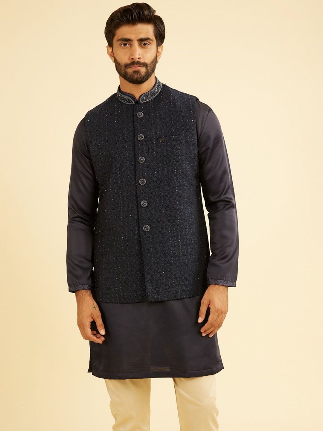 Manyavar Men Embroidered Nehru Jacket With Pocket Square - view 1