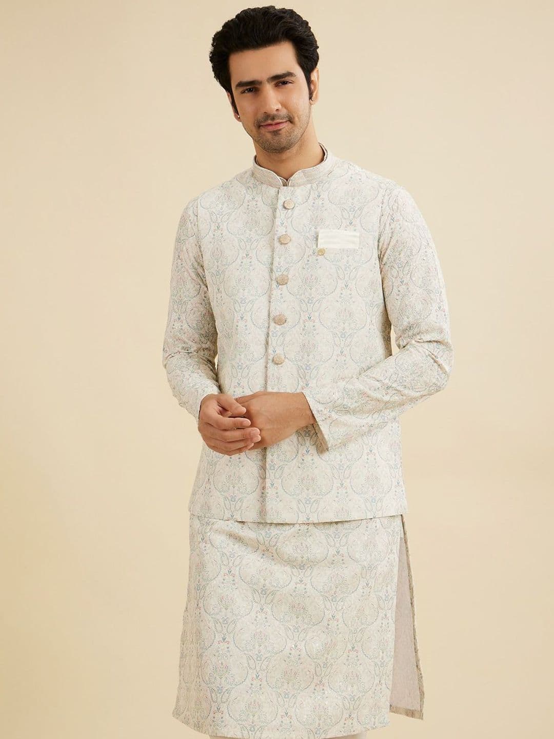 Manyavar Men Embroidered Woven Nehru Jacket - view 1