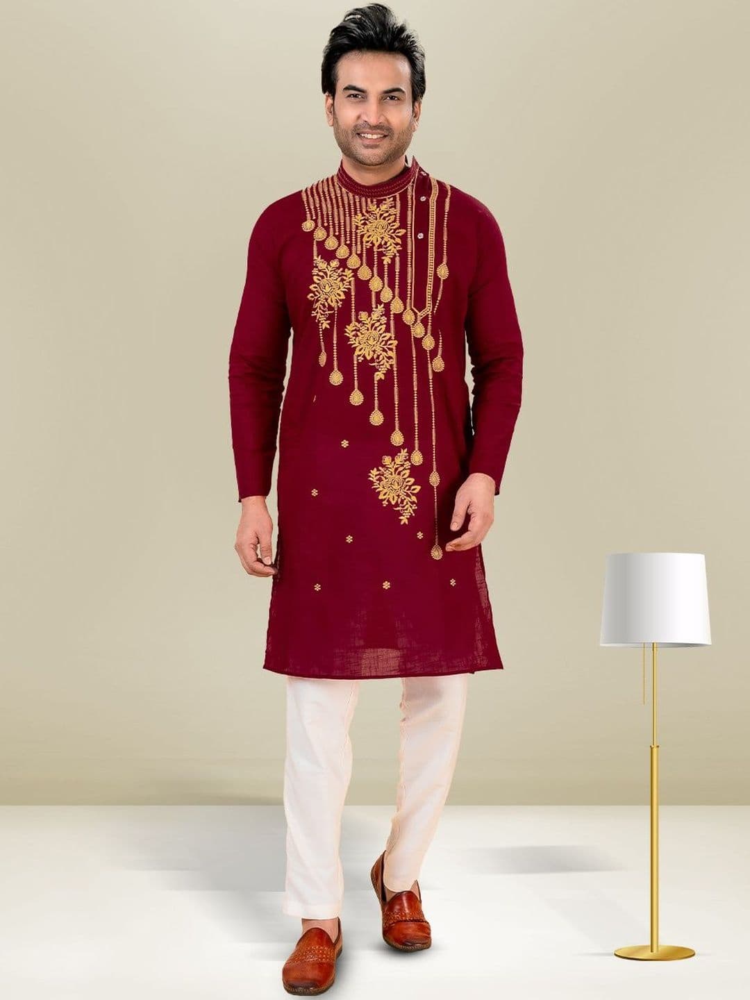 FRANSCART Men Geometric Embroidered Flared Sleeves Thread Work Kurta - view 1