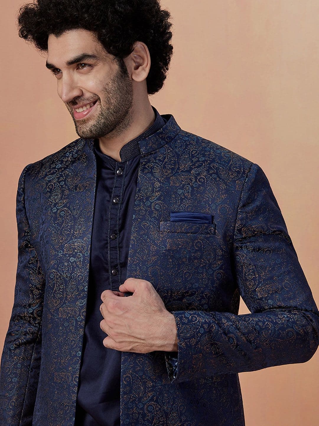 Manyavar Woven Design Brocade Traditional Indo Western Sherwani Set