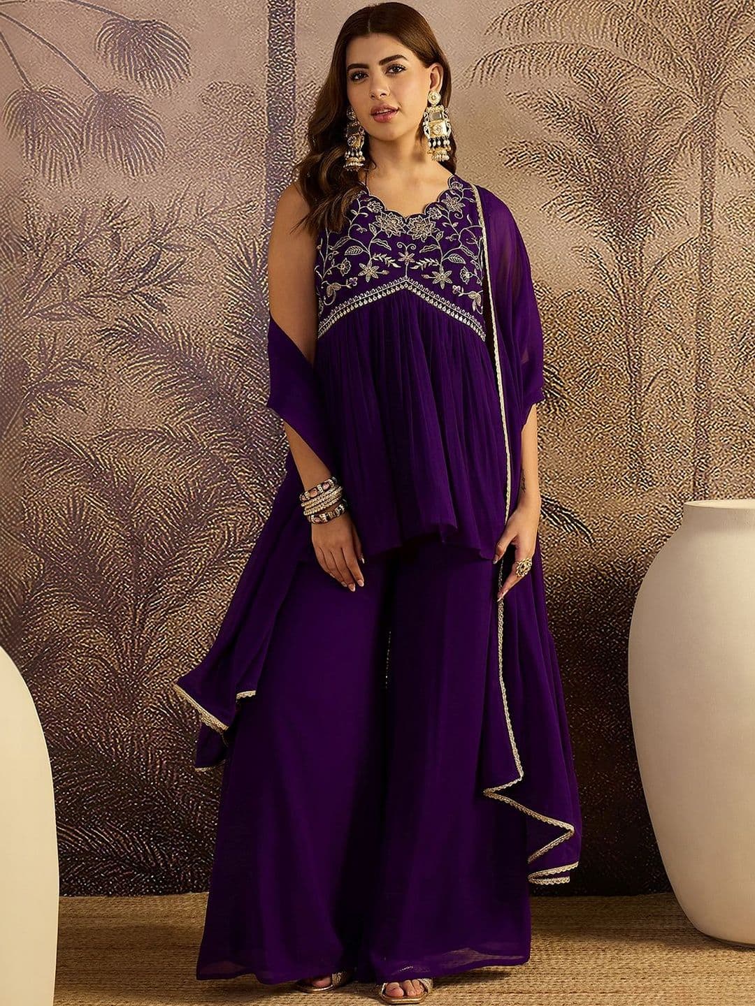Sangria Embroidered V-Neck A-Line Kurti & Palazzos With Dupatta - view 1