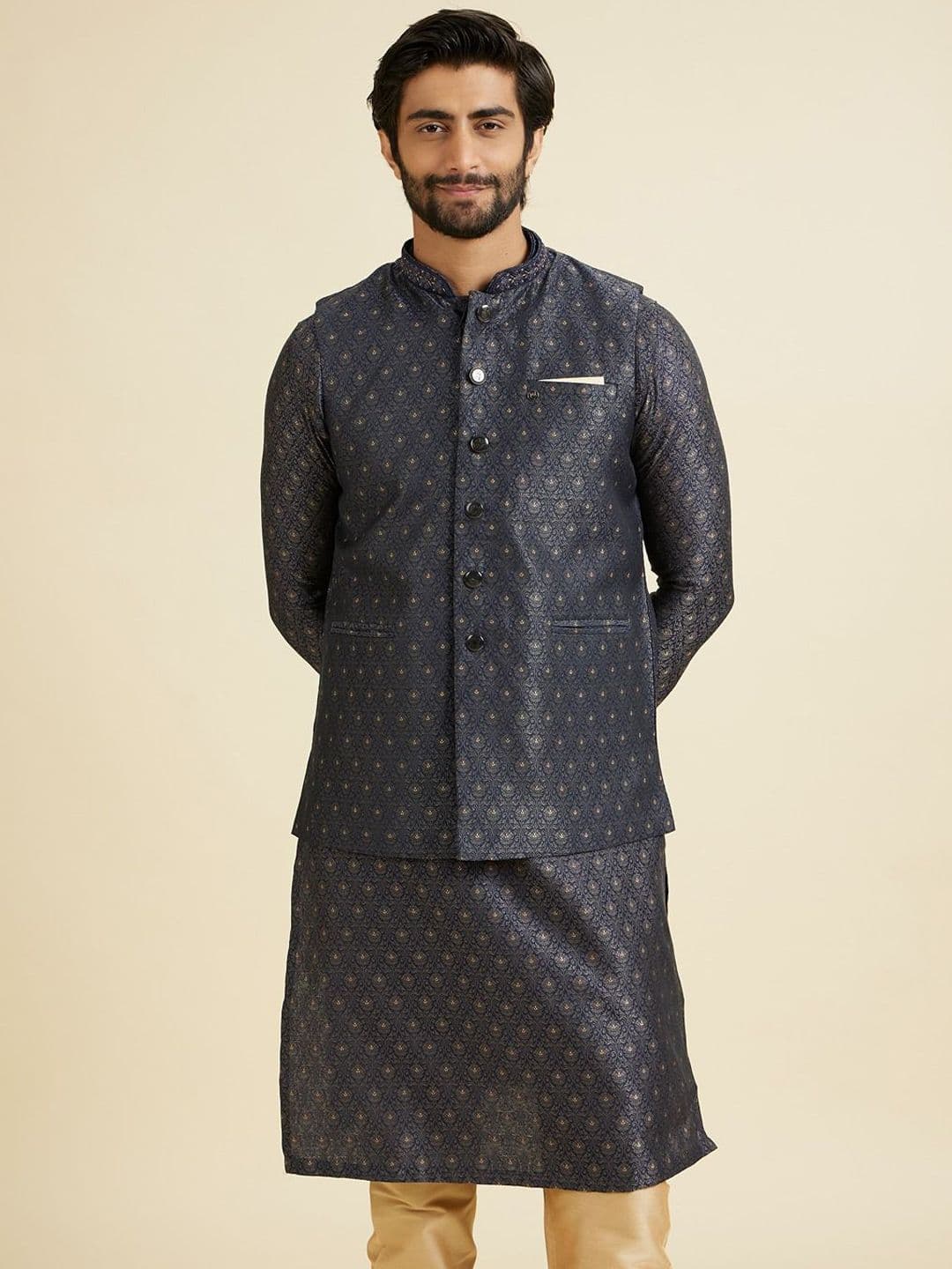 Manyavar Woven Design Mandarin Collar Nehru Jacket - view 1