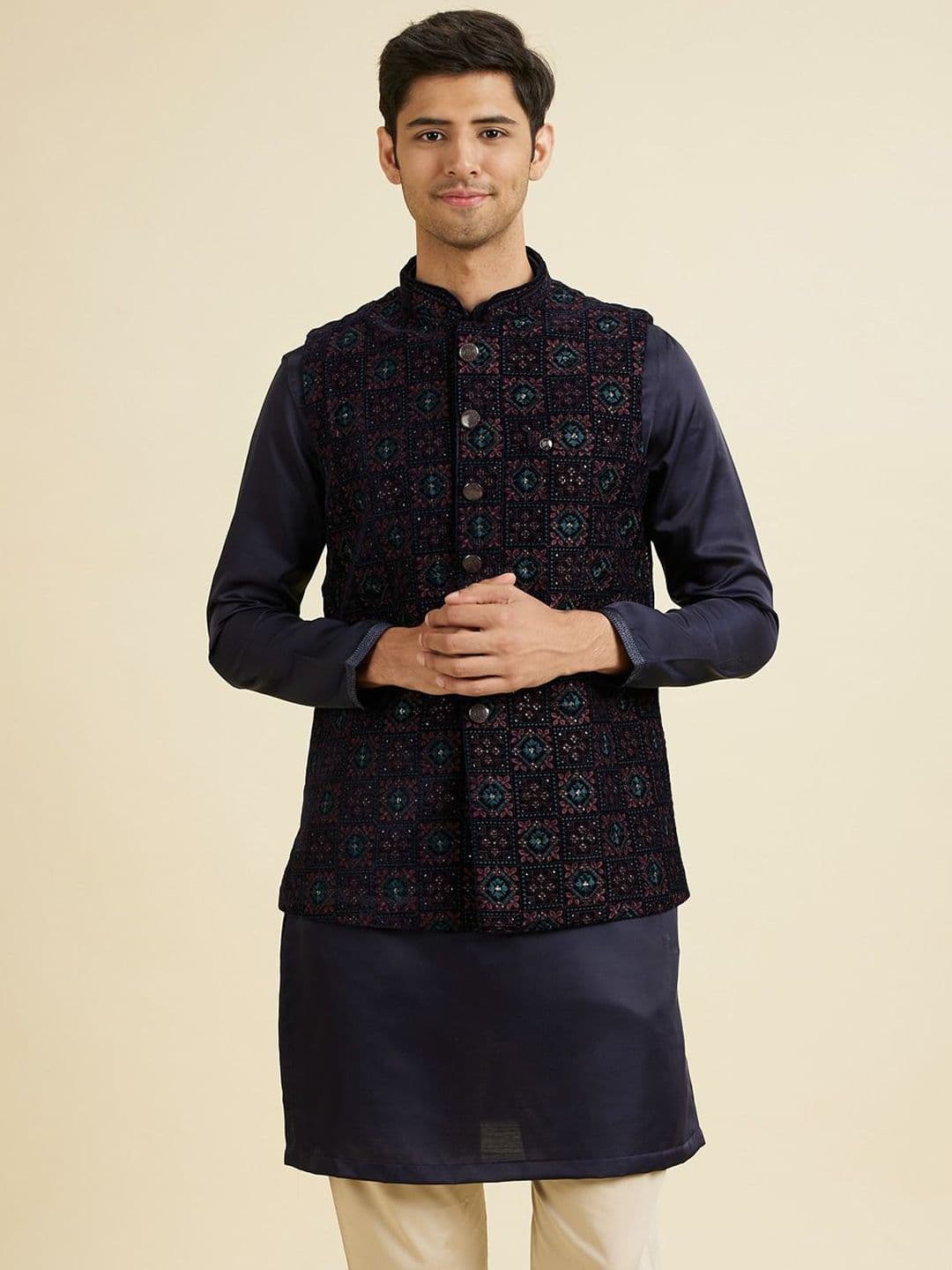 Manyavar Embroidered Velvet Mandarin Collar Nehru Jacket - view 1