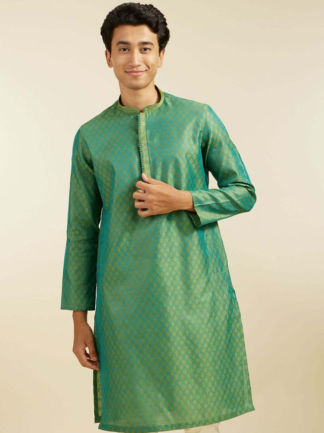 Diwas by Manyavar Ethnic Motifs Woven Design Mandarin Collar Zari Straight Kurta - view 1