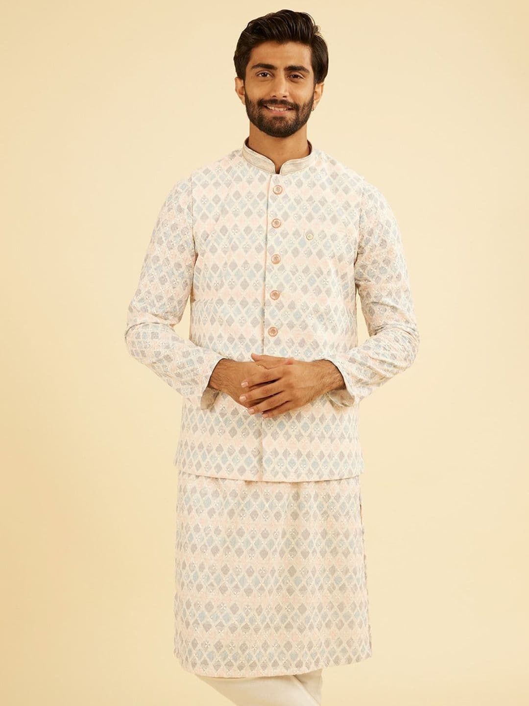 Manyavar Printed Cotton Nehru Jacket - view 1