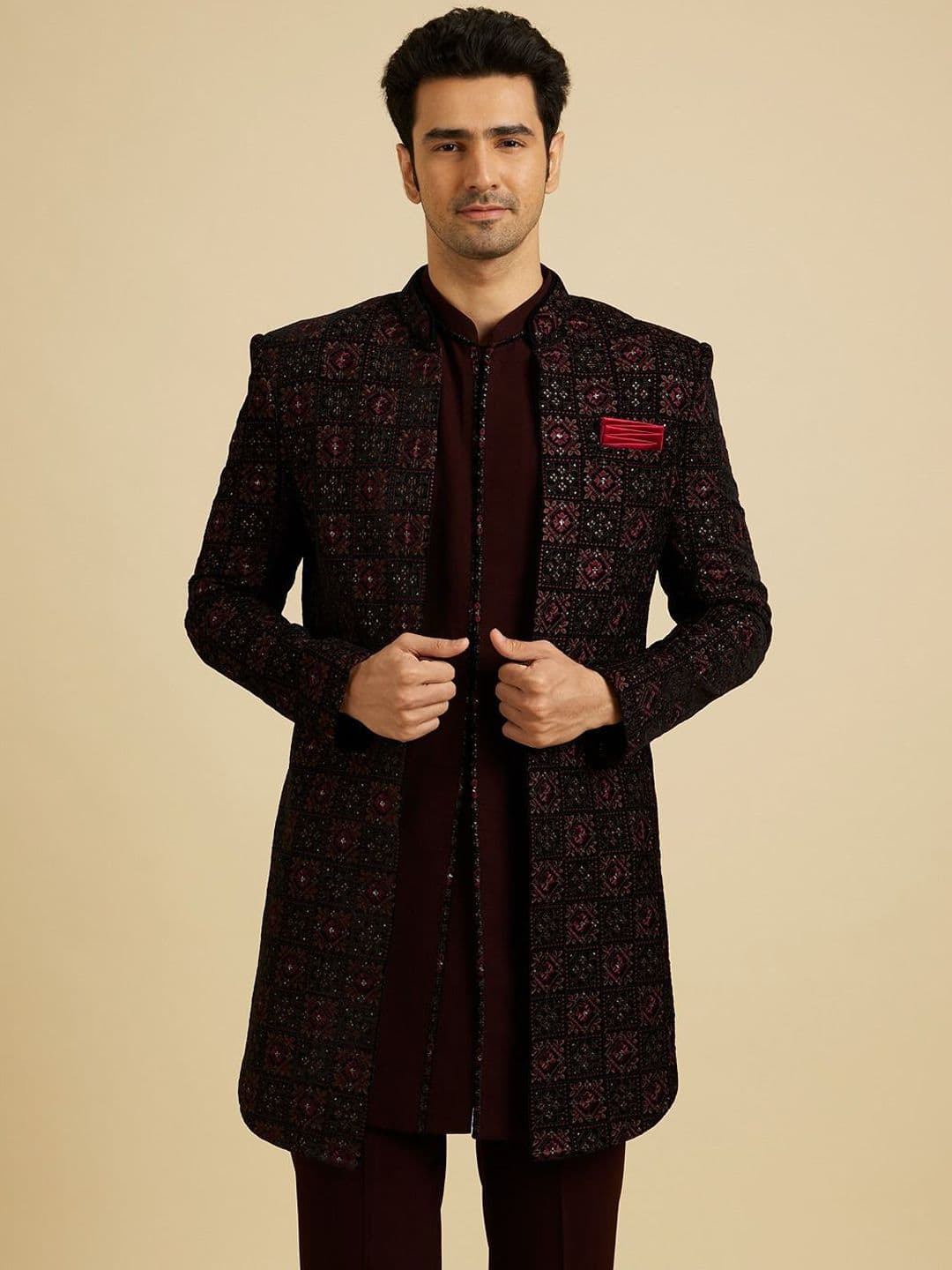 Manyavar Men Embroidered Velvet Mandarin Collar Sherwani Set