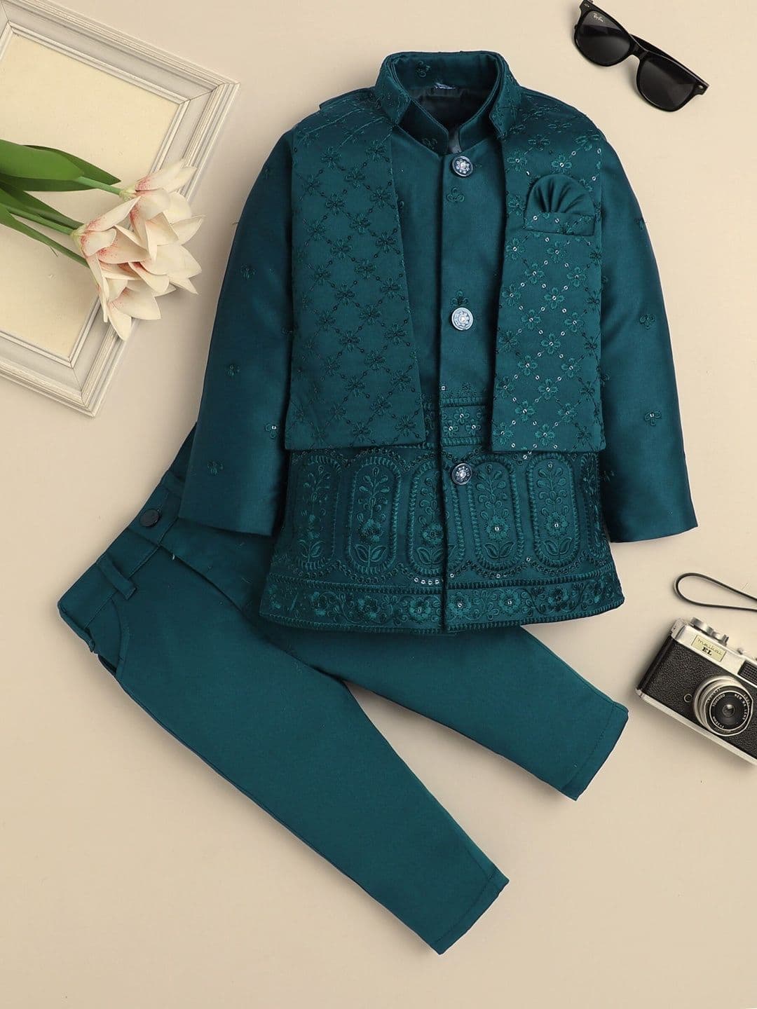 Sangria Boys Embroidered Mandarin Collar Sherwani Set