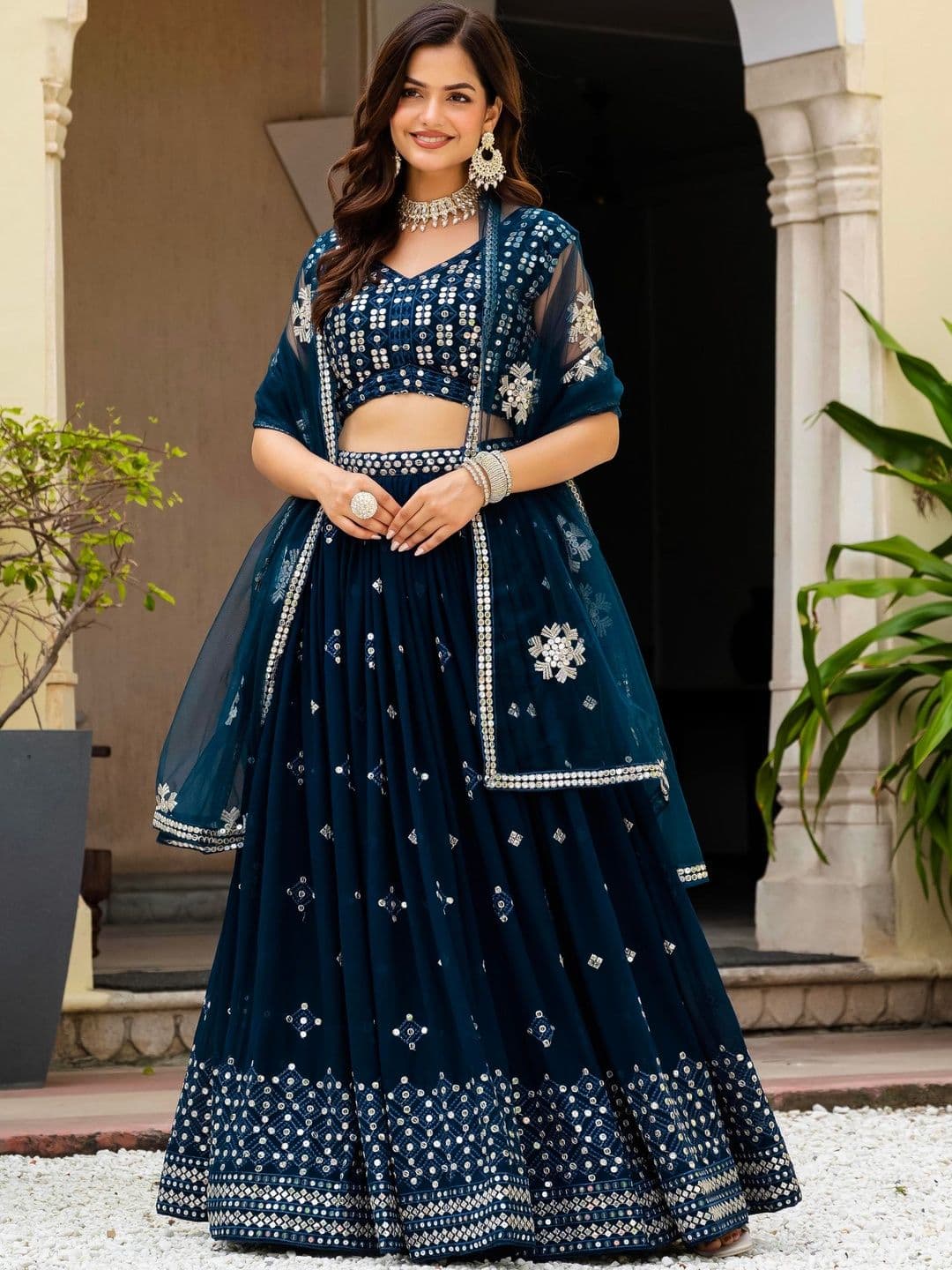 JIHU CULTURE Embellished Sequinned Semi-Stitched Lehenga & Blouse With Dupatta - view 1