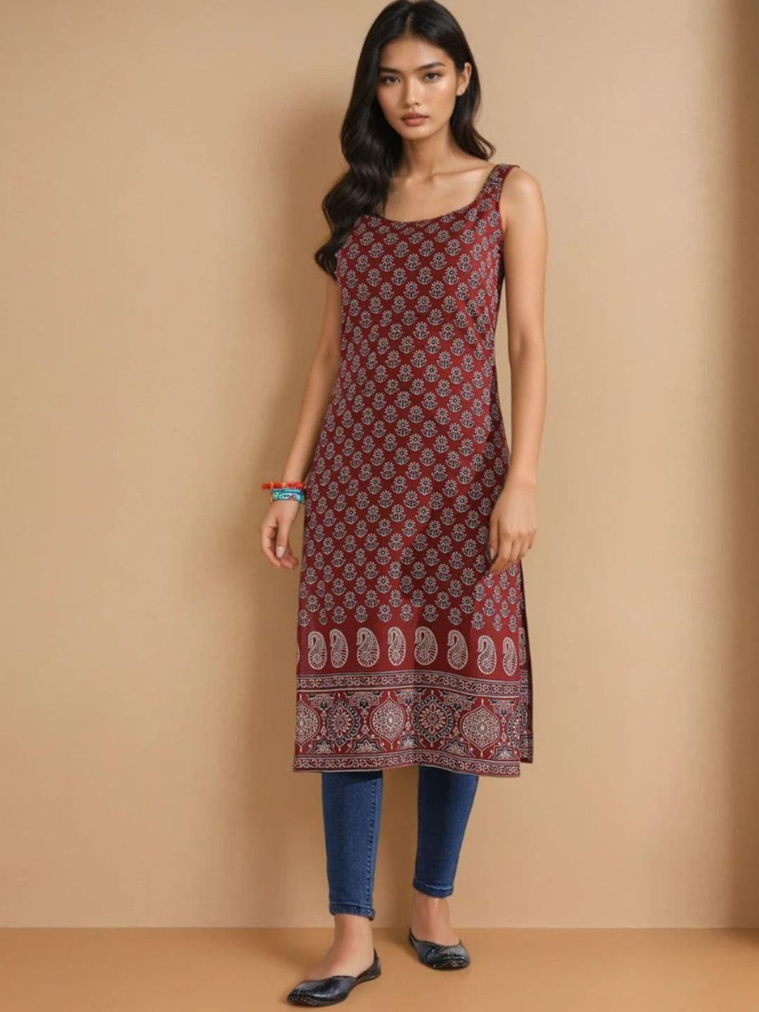 GULMEHAK Floral Printed Round Neck Pure Cotton Straight Kurta - view 1