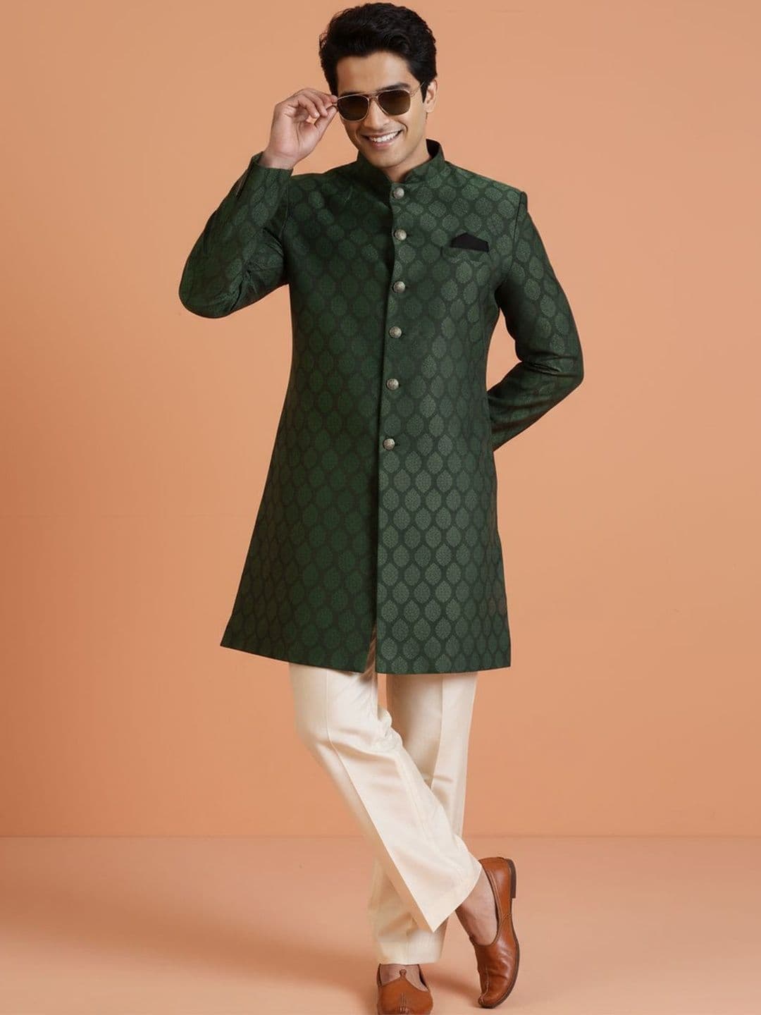 KISAH Men Green Textured Indowestern Sherwani Trouser Set