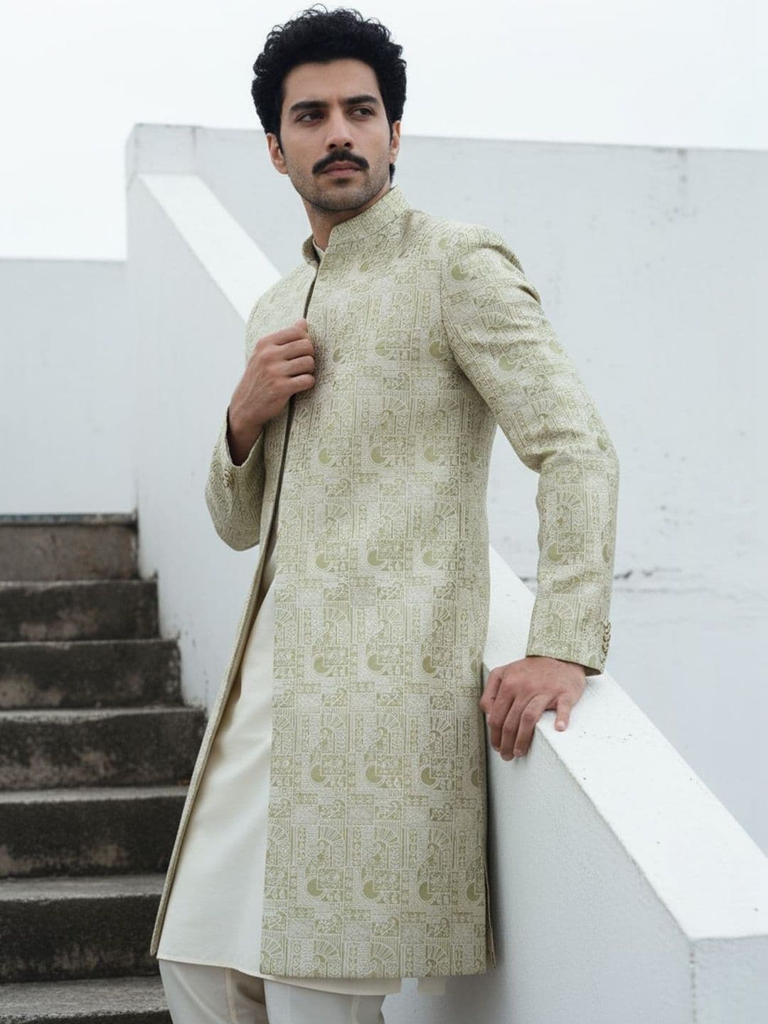 KISAH Embroidered Mandarin Collar Front Open Sherwani Set