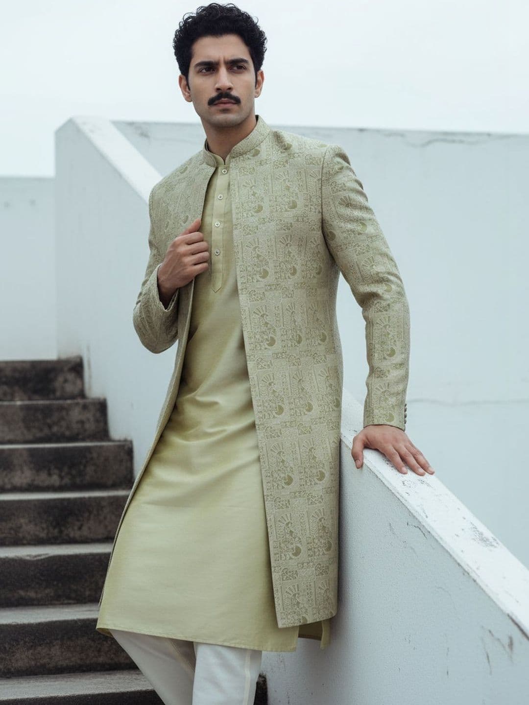 KISAH Men Golden Embroidered Kurta Front Open Indowestern Sherwani Trouser Set