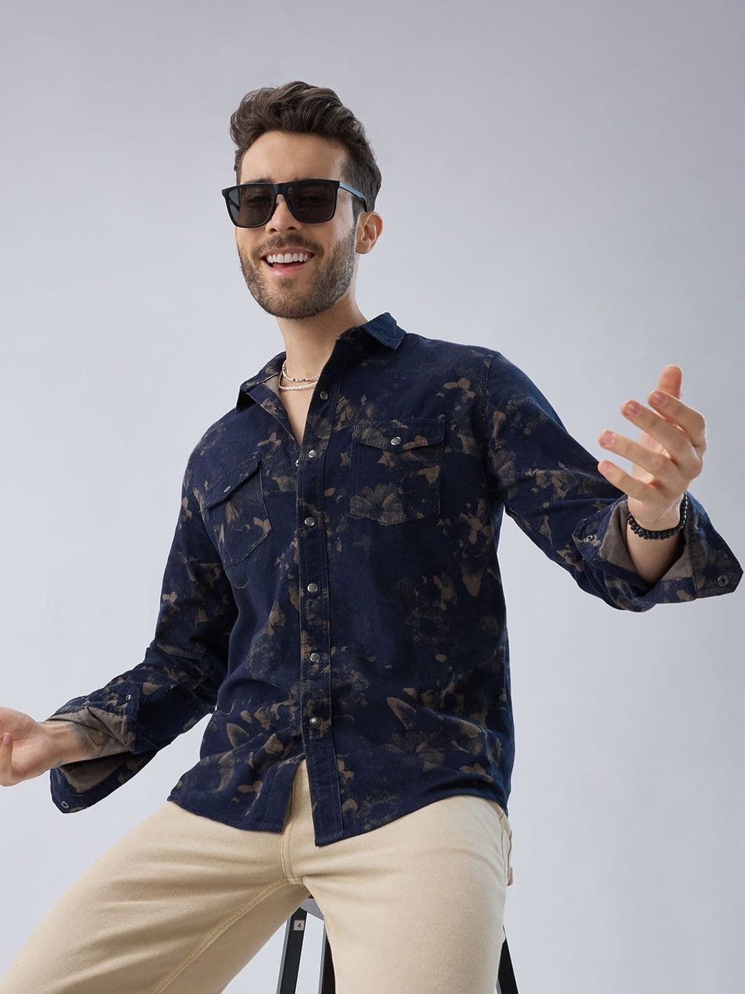 VASTRADO Men Navy Abstract Bloom Printed Flap Pocket Corduroy Shirt - view 1