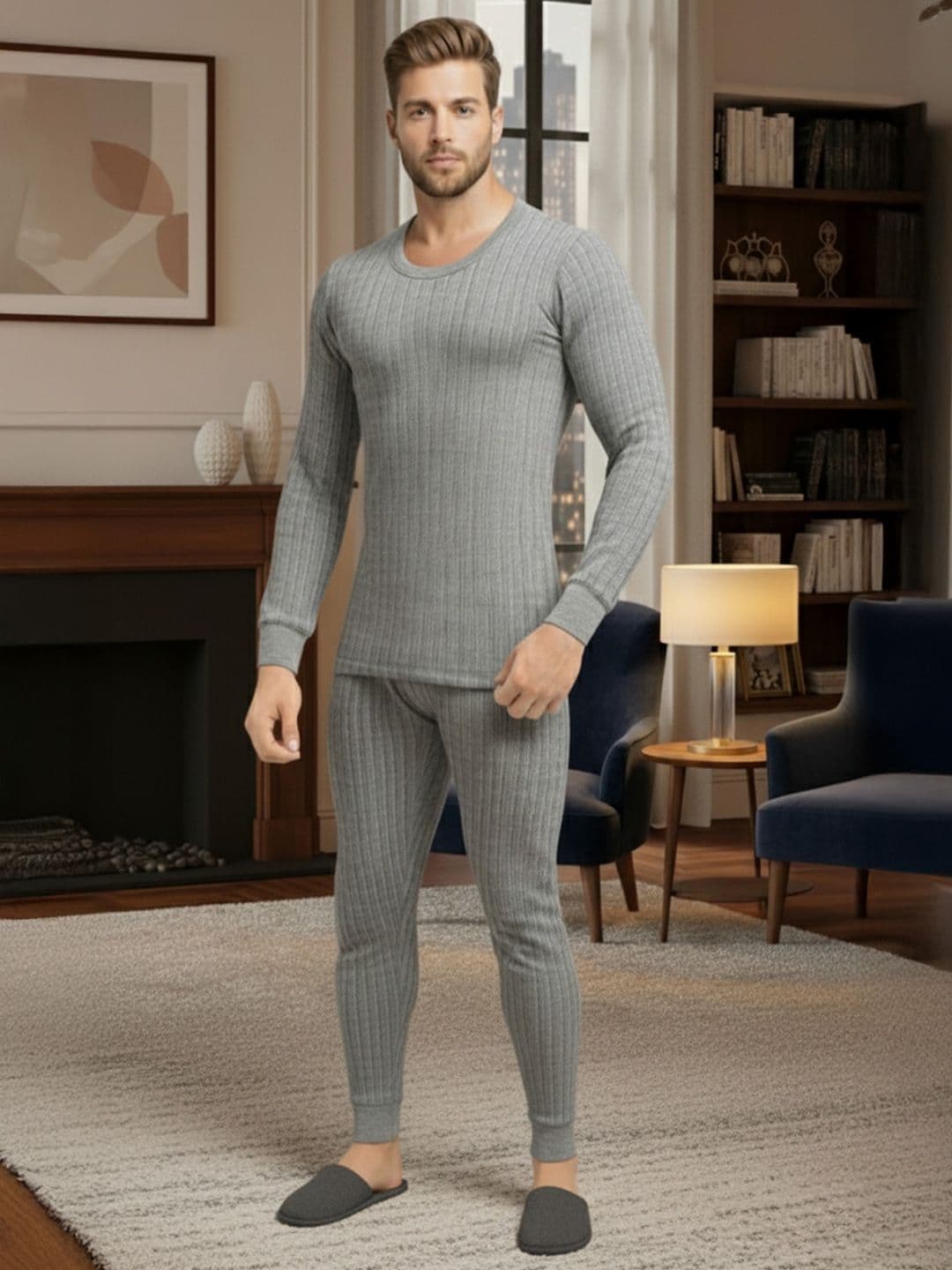 Lux Cozi Men Striped Round Neck Long Sleeves Thermal Set - view 1