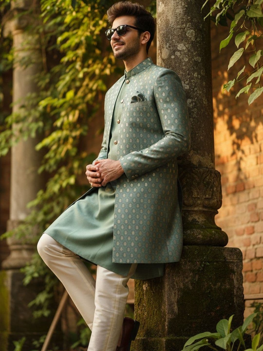 KISAH Men Brocade Mandarin Collar Front Open Sherwani Set