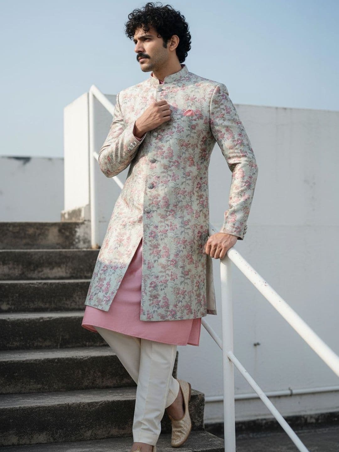 KISAH Printed Mandarin Collar Sherwani Set