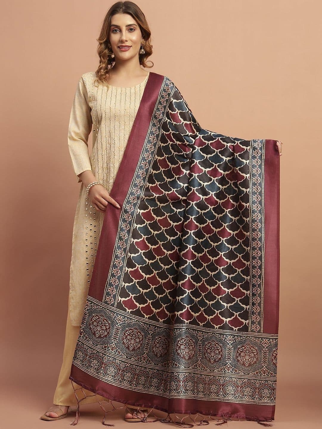 AKSHADEEP Women Ajrakh Shel Printed Chanderi Dupatta - view 1
