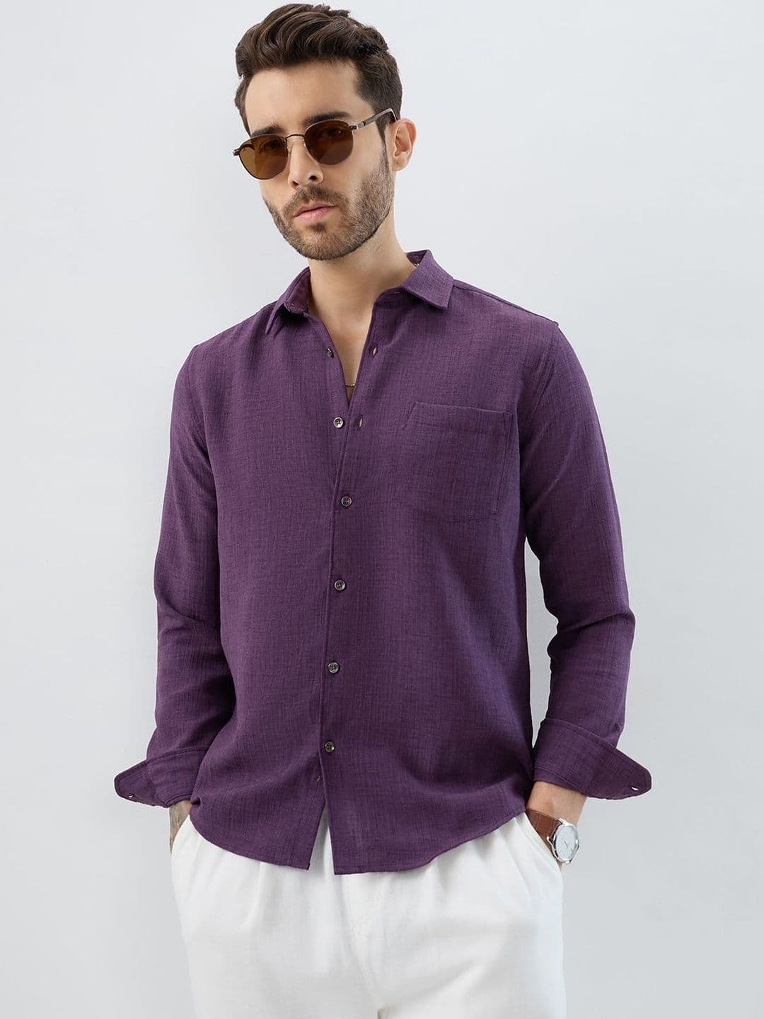 VASTRADO Men Opulent Dark Wine Slub Textured Shirt - view 1