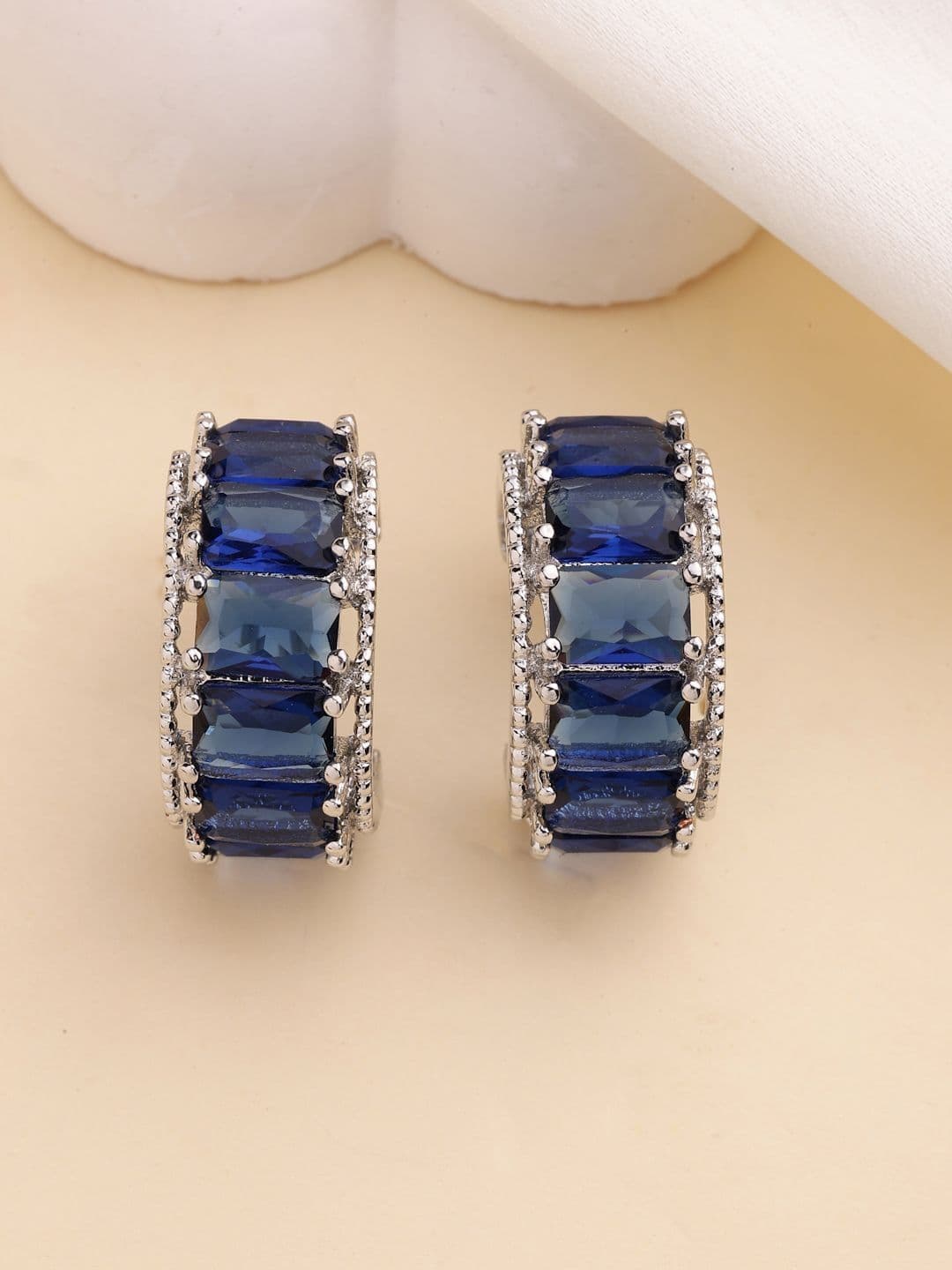 ZENEME Rhodium Plated American Diamond Studded Hoop Earrings - view 1