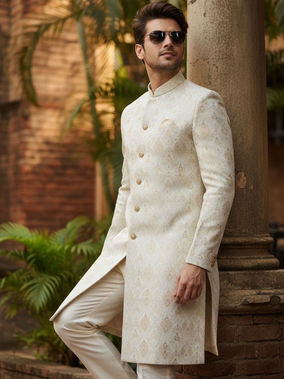 KISAH Men Cream Woven Design Mandarin Collar Indowestern Sherwani & Trouser Set
